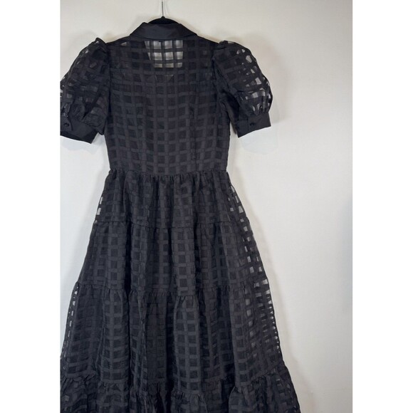 English Factory Dress Black Gridded Organza Tiered Maxi Puff Sleeve Fit Flare XS - Picture 7 of 11
